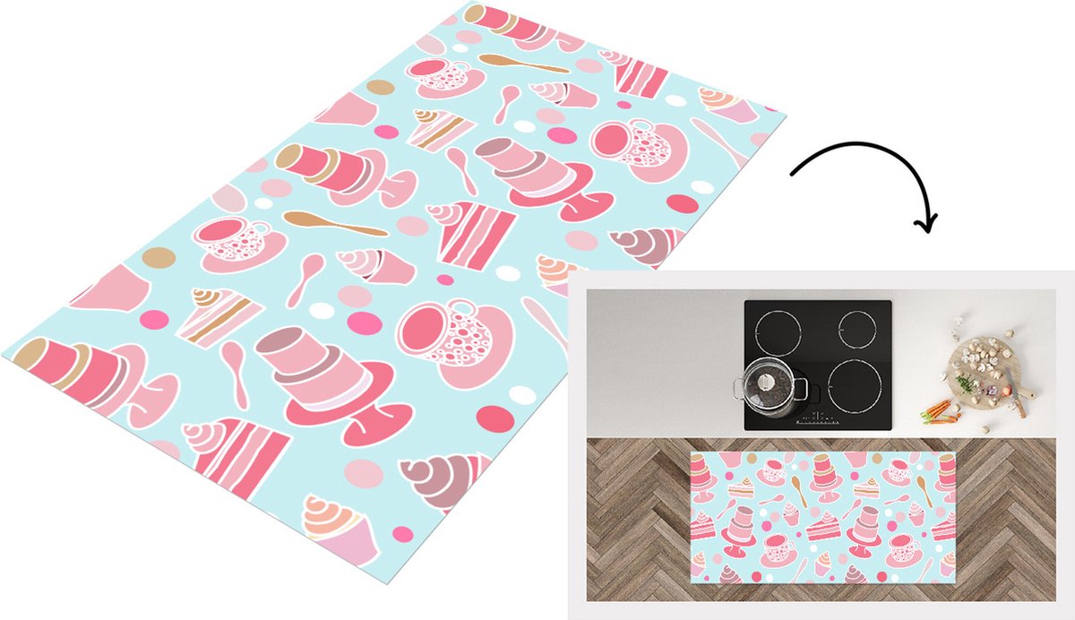 KitchenYeah Keukenloper - Loper keuken - Taart - Thee - Cupcake - Roze - Design - 120x60 cm - Keukenloper vinyl Multicolor