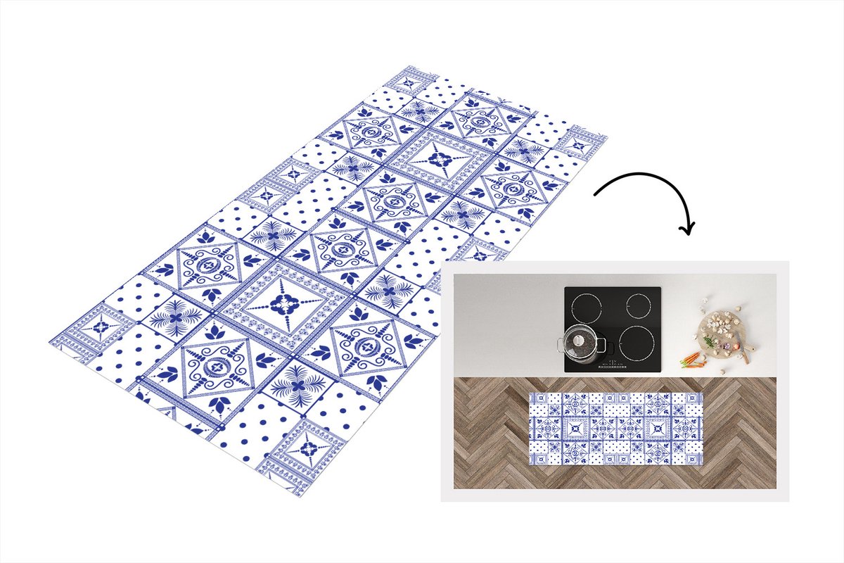 KitchenYeah Keukenloper - Loper keuken - Tegels - Patronen - Delfts Blauw - 120x50 cm - Keukenloper vinyl Multicolor