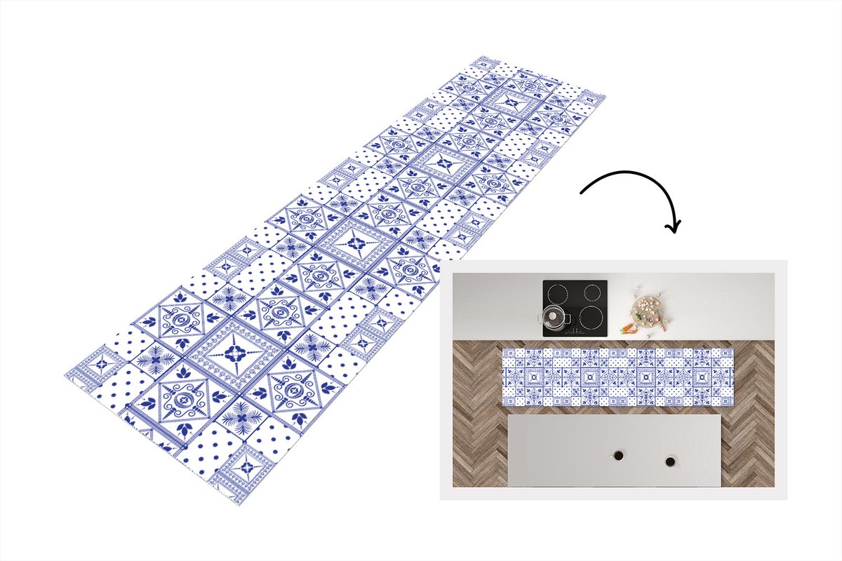 KitchenYeah Keukenloper - Loper keuken - Tegels - Patronen - Delfts Blauw - 240x60 cm - Keukenloper vinyl Multicolor