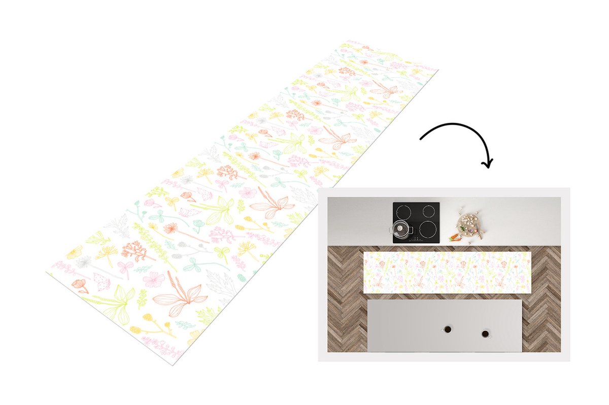 KitchenYeah Keukenloper - Loper keuken - Planten - Patronen - Tuin - Contour - Pastel - 200x50 cm - Keukenloper vinyl Multicolor