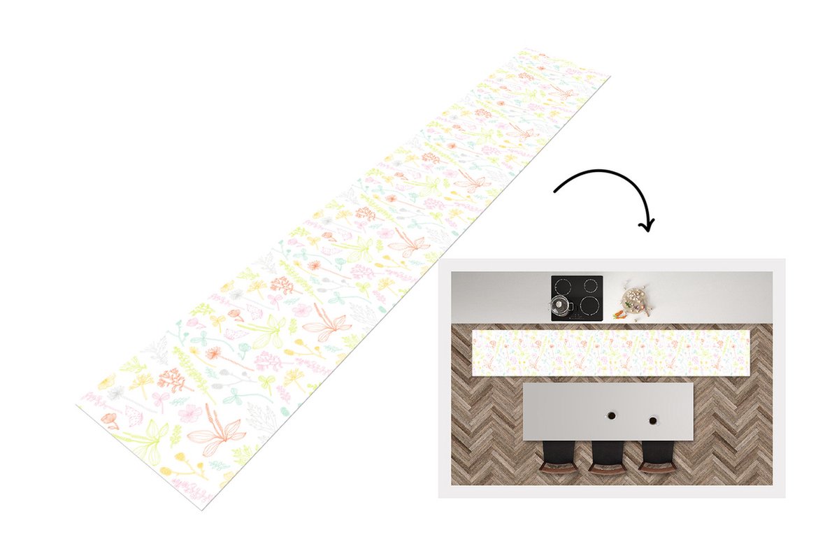 KitchenYeah Keukenloper - Loper keuken - Planten - Patronen - Tuin - Contour - Pastel - 300x50 cm - Keukenloper vinyl Multicolor