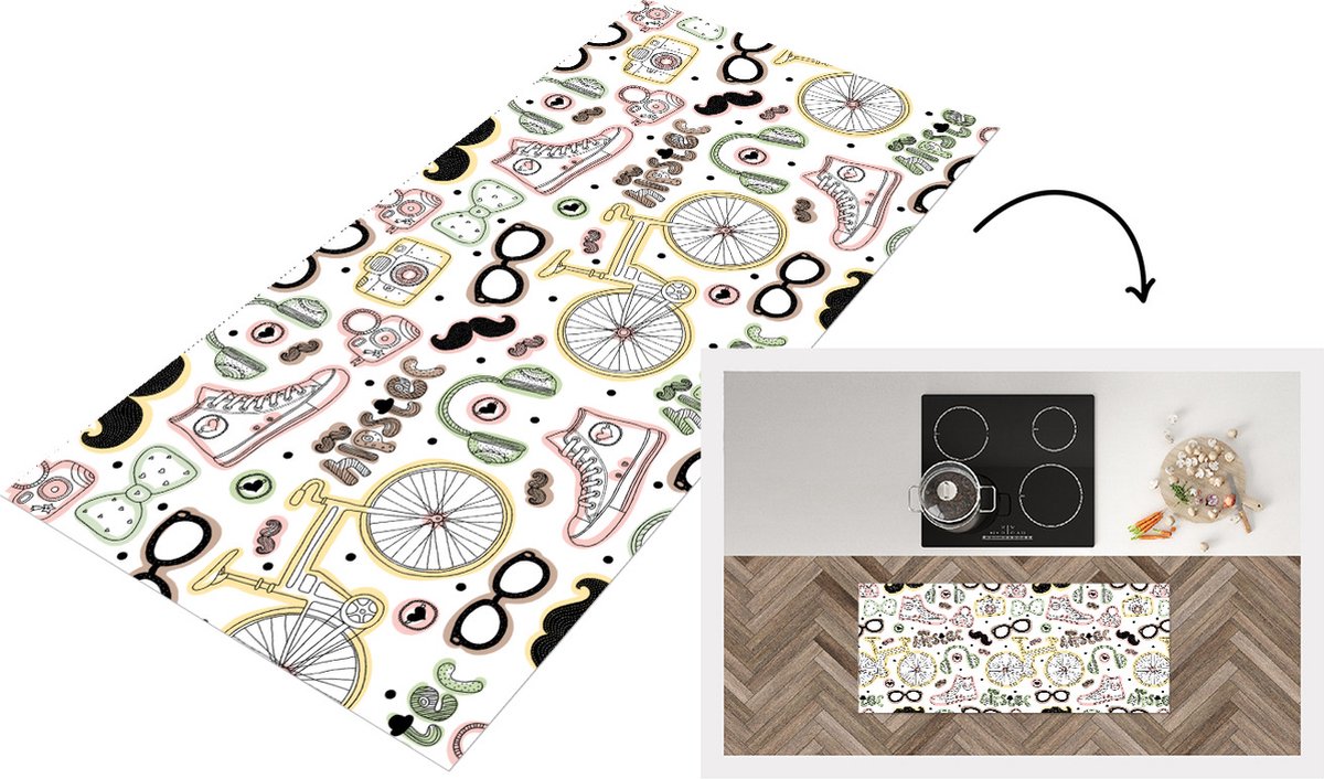 KitchenYeah Keukenloper - Loper keuken - Doodle - Koptelefoon - Patroon - 120x50 cm - Keukenloper vinyl Multicolor