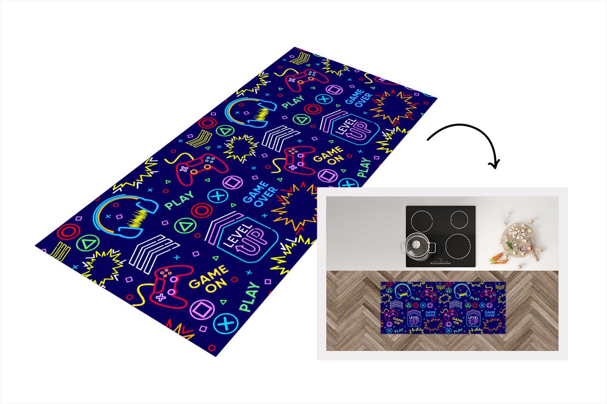 KitchenYeah Keukenloper - Loper keuken - Gaming - Neon - Koptelefoon - Design - 120x50 cm - Keukenloper vinyl Multicolor