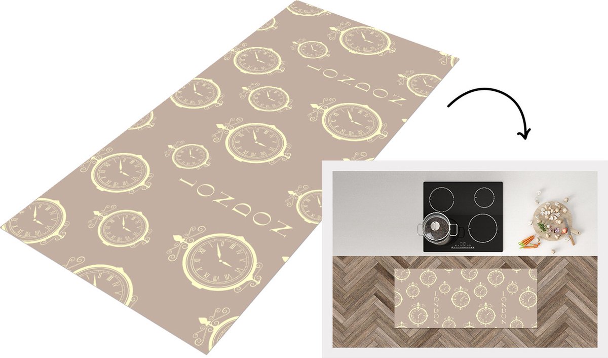 KitchenYeah Keukenloper - Loper keuken - Londen - Klok - Patroon - Vintage - 120x50 cm - Keukenloper vinyl Multicolor