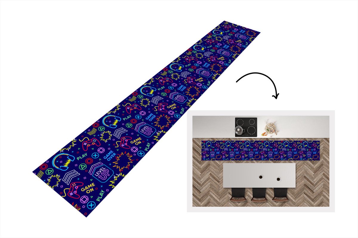 KitchenYeah Keukenloper - Loper keuken - Gaming - Neon - Koptelefoon - Design - 300x50 cm - Keukenloper vinyl Multicolor