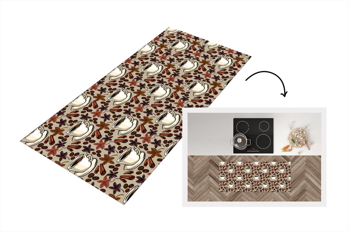 KitchenYeah Keukenloper - Loper keuken - Koffie - Kaneel - Patronen - 120x50 cm - Keukenloper vinyl Multicolor