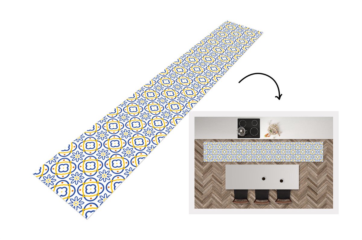 KitchenYeah Keukenloper - Loper keuken - Bloem - Blauw - Geel - Tegels - Patronen - 300x50 cm - Keukenloper vinyl Multicolor