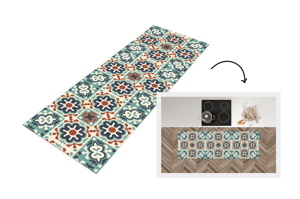 KitchenYeah Keukenloper - Loper keuken - Bloem - Ornament - Patroon - 150x50 cm - Keukenloper vinyl Multicolor