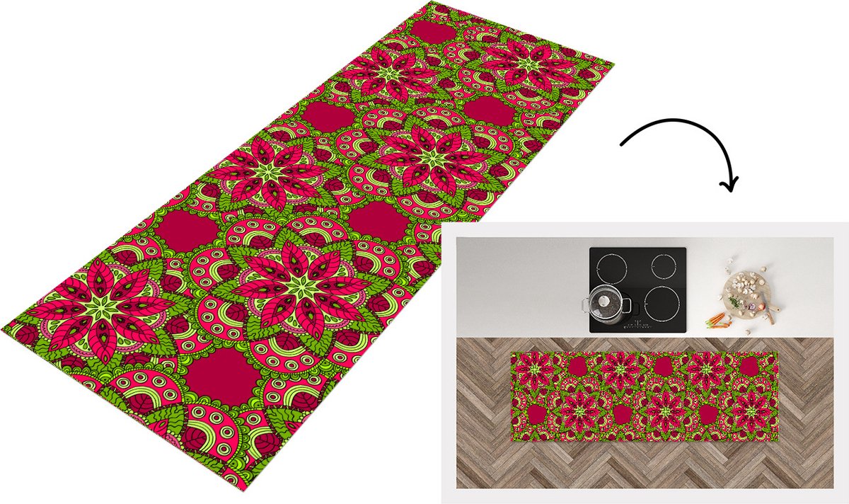 KitchenYeah Keukenloper - Loper keuken - Hippie - Mandala - Bloemen - Design - 150x50 cm - Keukenloper vinyl Multicolor