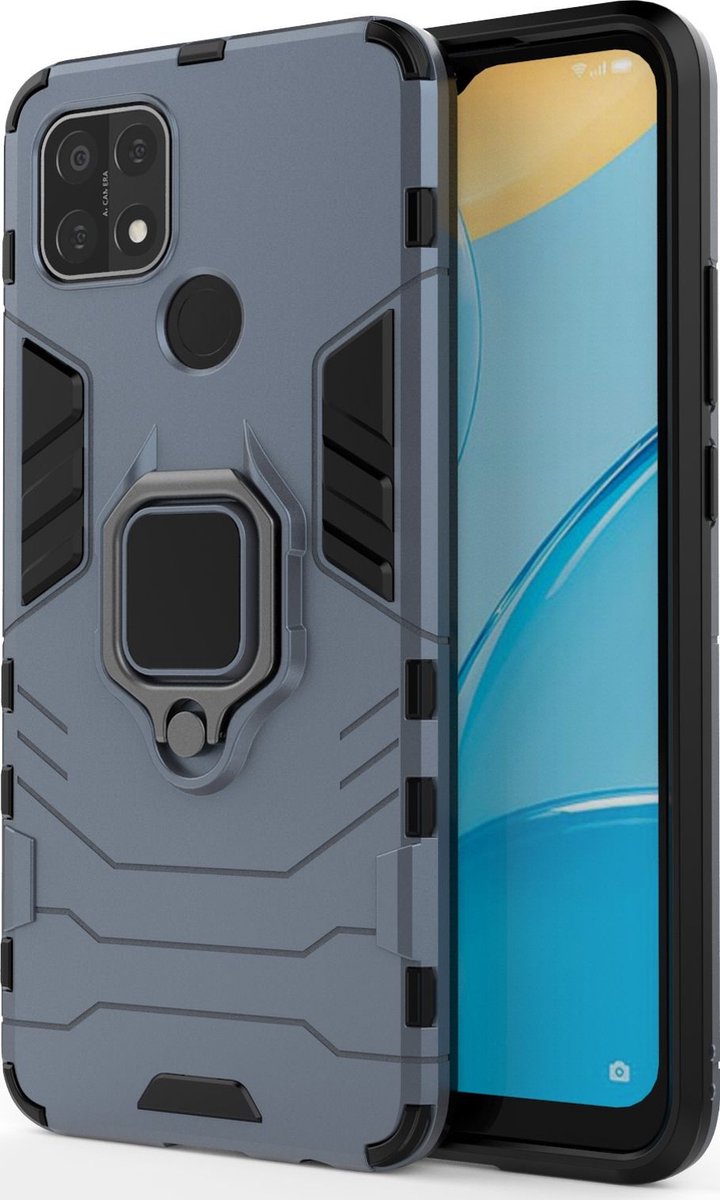 Mobigear Hoesje geschikt voor OPPO A15 Telefoonhoesje Hardcase | Mobigear Armor Ring Backcover Shockproof met Ringhouder | Schokbestendig A15 Telefoonhoesje | Anti Shock Proof - Blauw