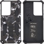 Samsung Galaxy S21 Plus Hoesje - Rugged Extreme Backcover Marmer Camouflage met Kickstand - Zwart