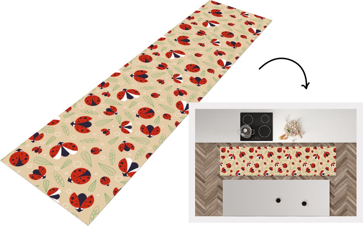 KitchenYeah Keukenloper - Loper keuken - Lieveheersbeestje - Bladeren - Design - 240x60 cm - Keukenloper vinyl Multicolor
