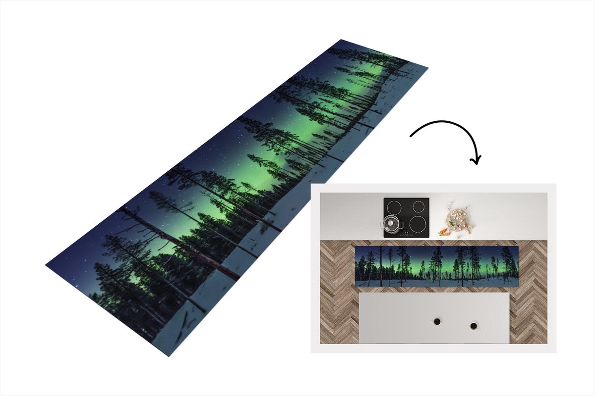 KitchenYeah Keukenloper - Loper keuken - Noorderlicht - Sneeuw - Boom - 200x50 cm - Keukenloper vinyl Multicolor