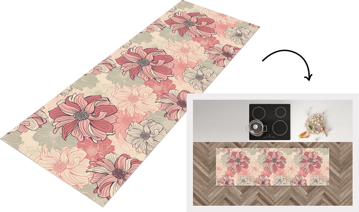 KitchenYeah Keukenloper - Loper keuken - Patroon - Bloem - Design - Jaren 20 - 180x60 cm - Keukenloper vinyl Multicolor