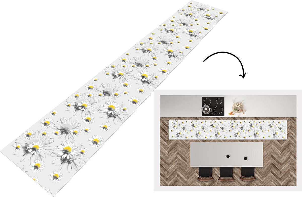 Keukenloper - Loper keuken - Madelief - Kamille - Bloemen - Patronen - 300x50 cm - Keukenloper vinyl
