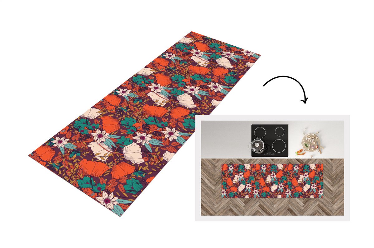 KitchenYeah Keukenloper - Loper keuken - Bloemen - Herfst - Patroon - 180x60 cm - Keukenloper vinyl Multicolor