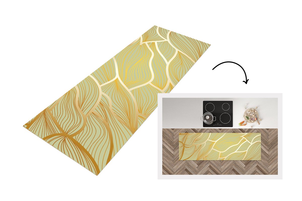 KitchenYeah Keukenloper - Loper keuken - Gouden golven op een groene achtergrond - 150x50 cm - Keukenloper vinyl Multicolor