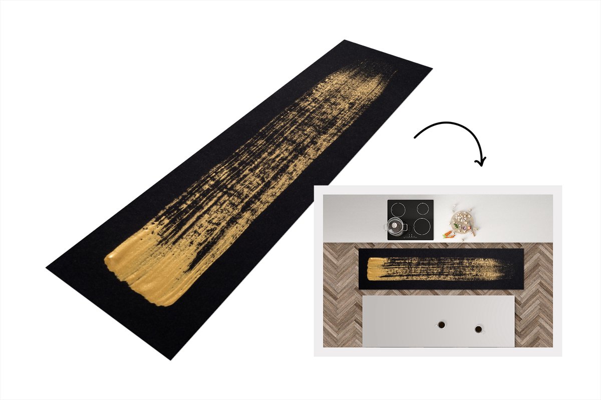 KitchenYeah Keukenloper - Loper keuken - Patroon van gouden verf op een zwarte achtergrond - 240x60 cm - Keukenloper vinyl Multicolor