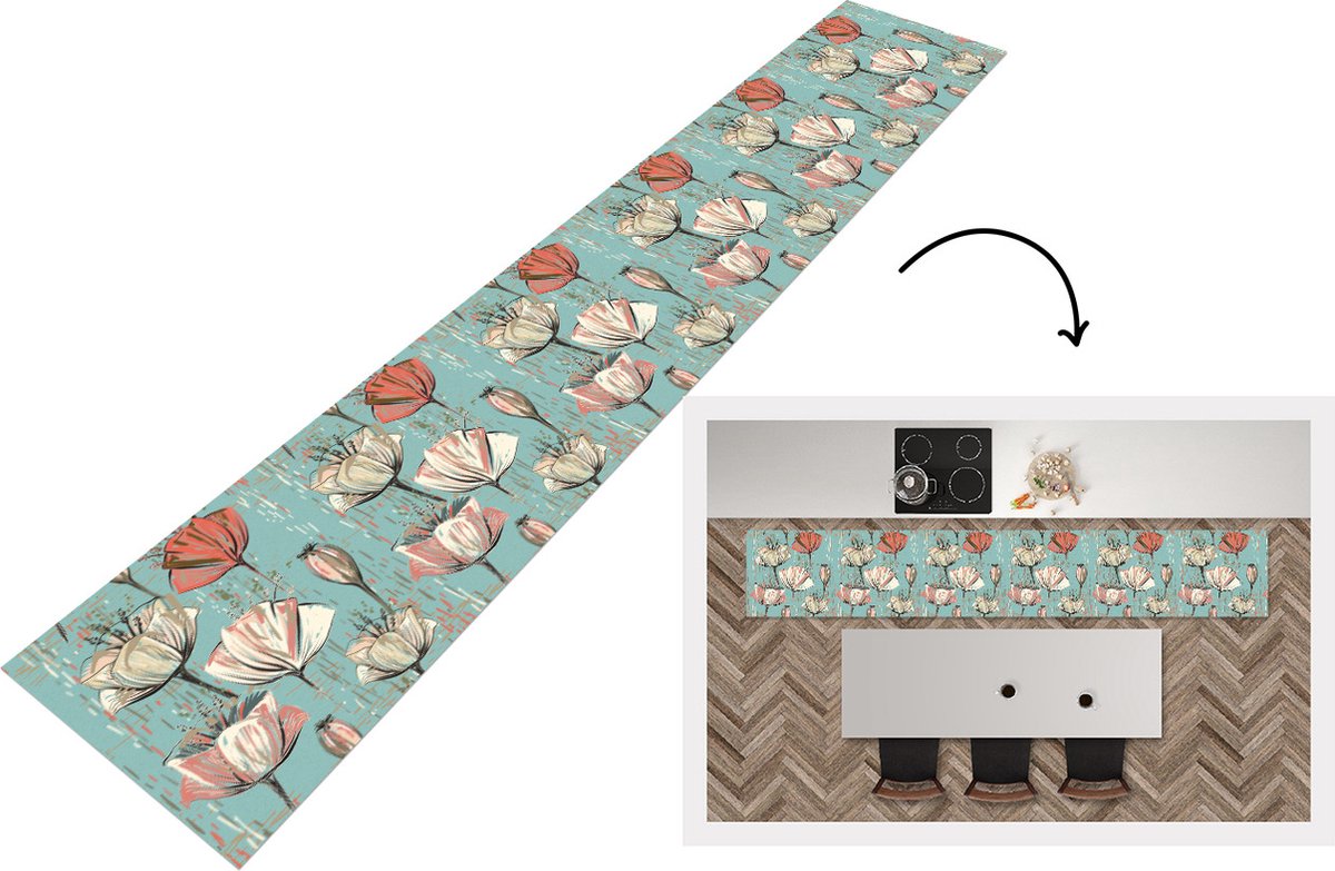 KitchenYeah Keukenloper - Loper keuken - Vintage - Bloem - Flora - 300x50 cm - Keukenloper vinyl Multicolor
