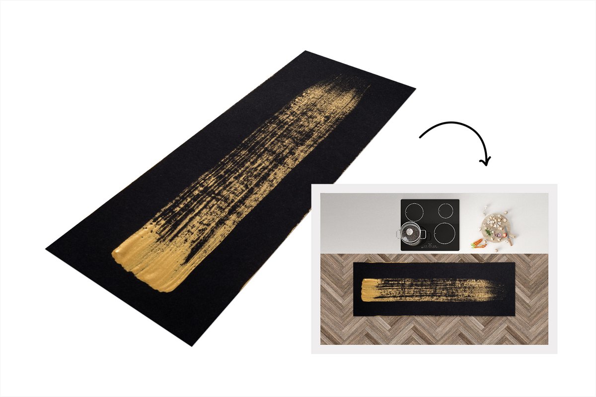KitchenYeah Keukenloper - Loper keuken - Patroon van gouden verf op een zwarte achtergrond - 180x60 cm - Keukenloper vinyl Multicolor