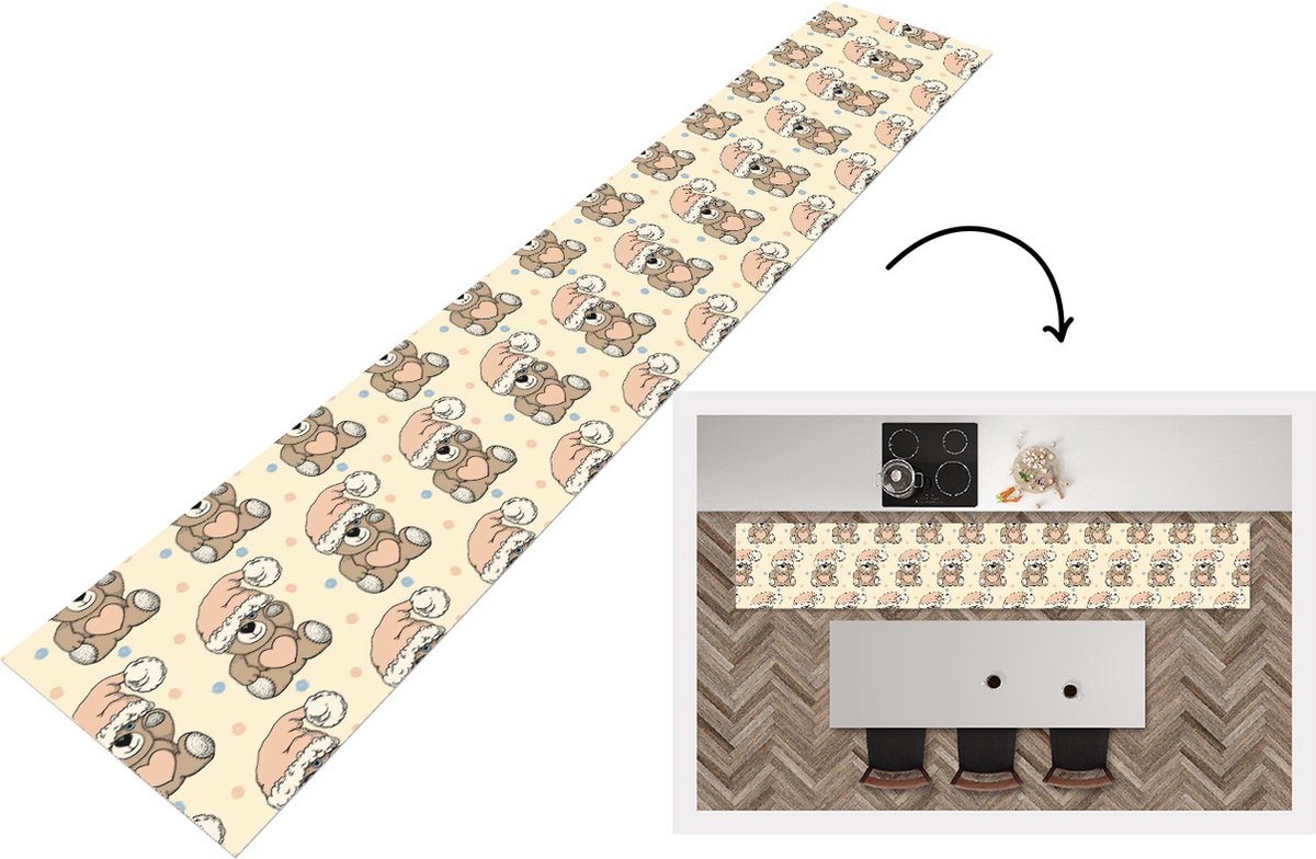 KitchenYeah Keukenloper - Loper keuken - Knuffelbeer - Slaapmuts - Kinderen - Pastel - 300x50 cm - Keukenloper vinyl Multicolor