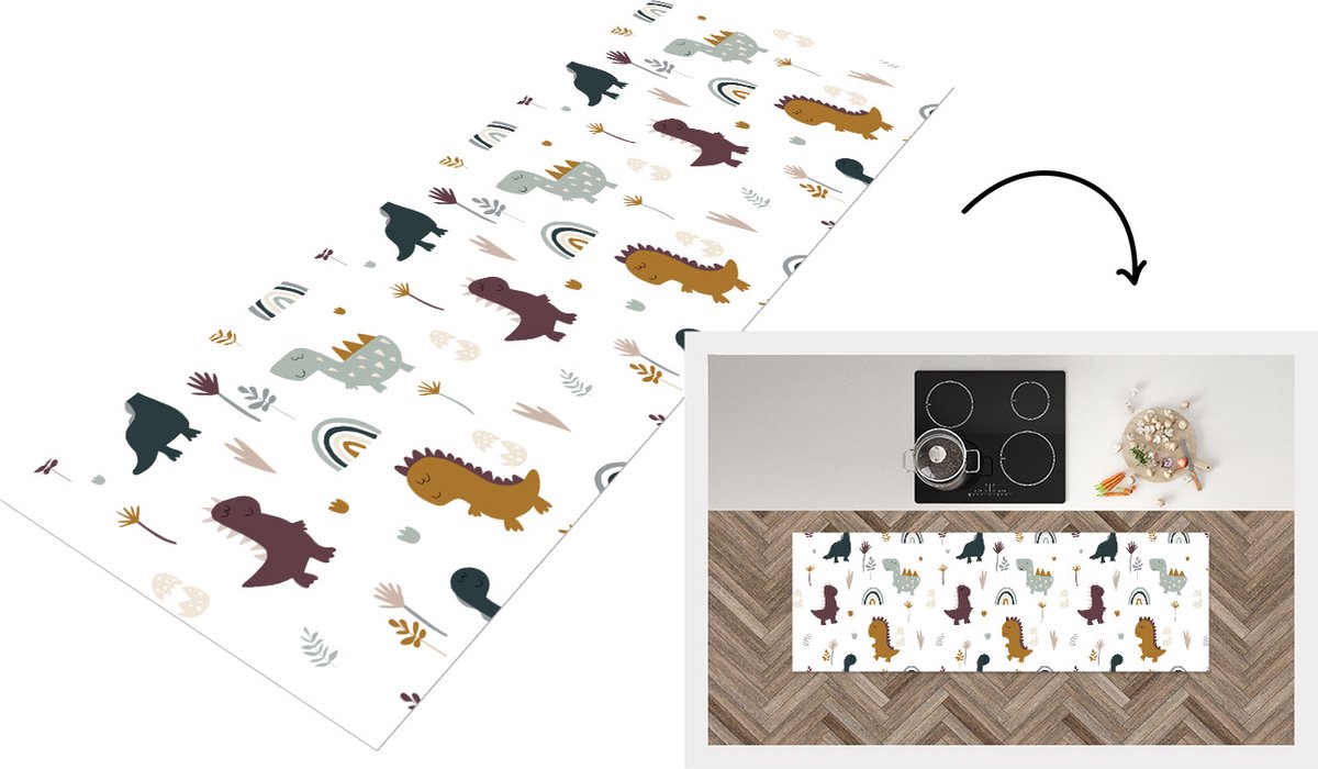 KitchenYeah Keukenloper - Loper keuken - Patronen - Jongens - Dino - 150x50 cm - Keukenloper vinyl Multicolor
