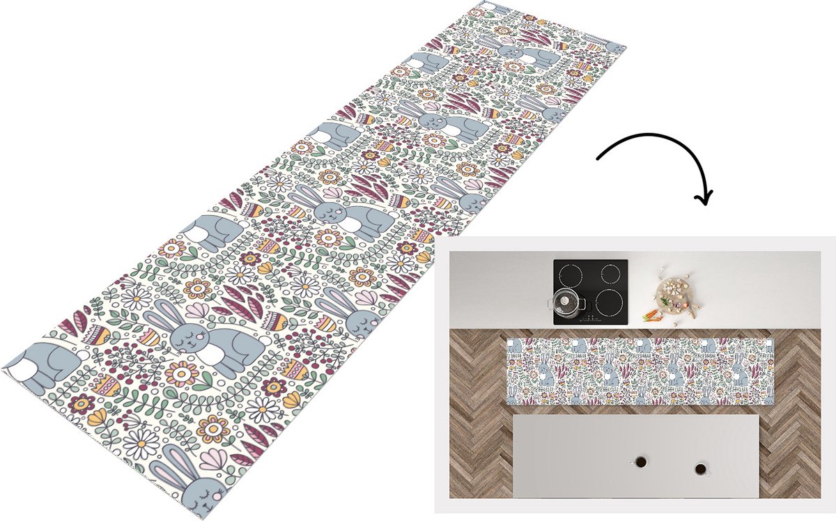 KitchenYeah Keukenloper - Loper keuken - Konijn - Bloemen - regenboog - Kinderen - Design - 240x60 cm - Keukenloper vinyl Multicolor