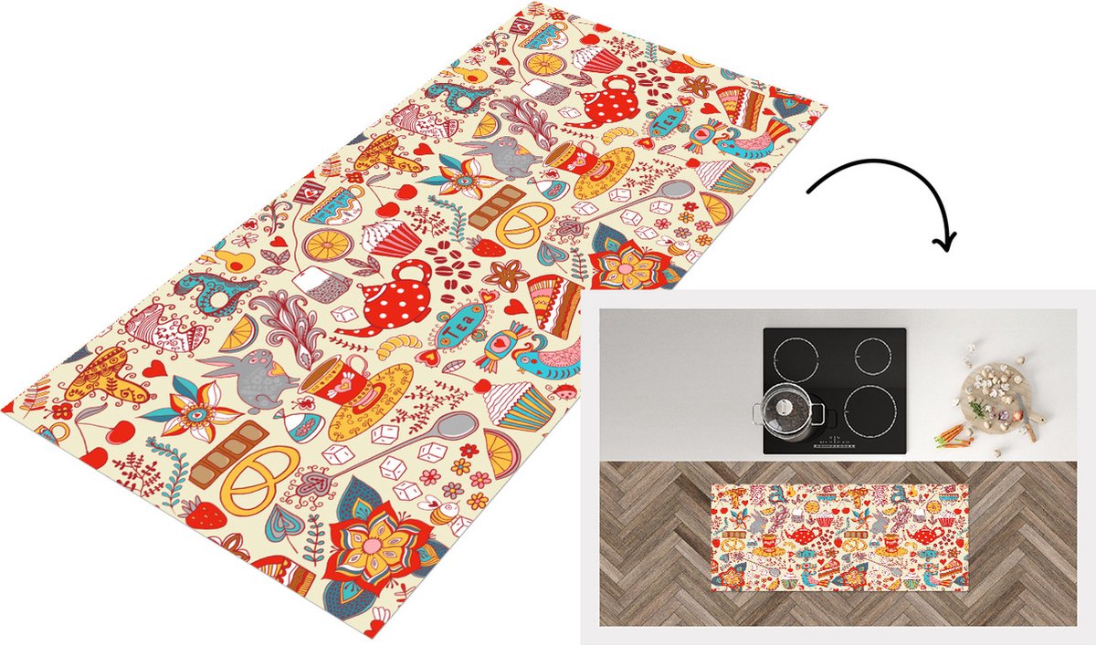 KitchenYeah Keukenloper - Loper keuken - Thee - Dieren - Snoepgoed - Regenboog - Patronen - 120x50 cm - Keukenloper vinyl Multicolor