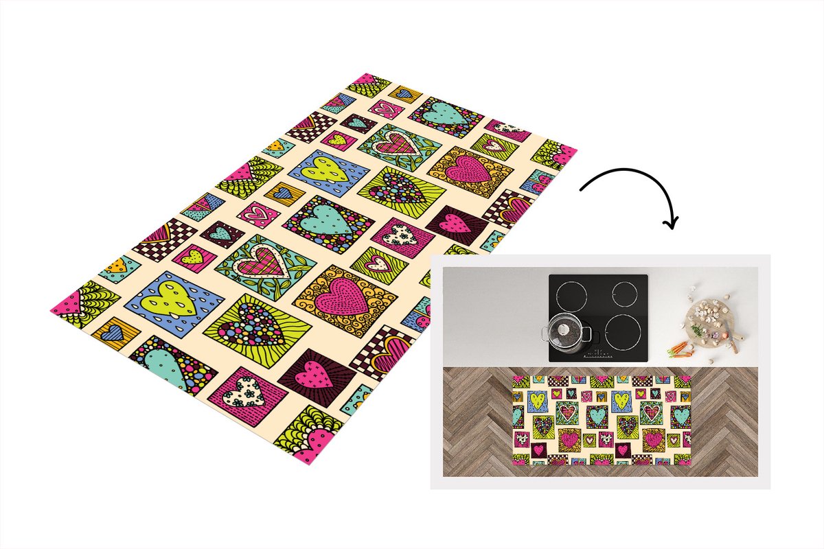 KitchenYeah Keukenloper - Loper keuken - Bohemian - Hartjes - Doodle - Patronen - 120x60 cm - Keukenloper vinyl Multicolor