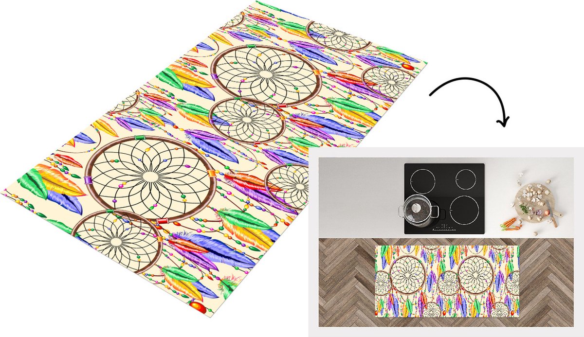 KitchenYeah Keukenloper - Loper keuken - Dromenvanger - Veren - Patronen - 120x60 cm - Keukenloper vinyl Multicolor