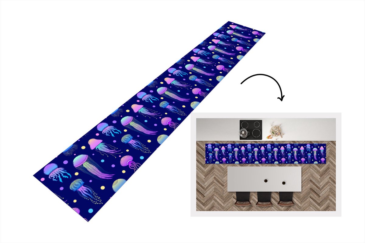 KitchenYeah Keukenloper - Loper keuken - Kwallen - Patronen - Zeedieren - Neon - 300x50 cm - Keukenloper vinyl Multicolor