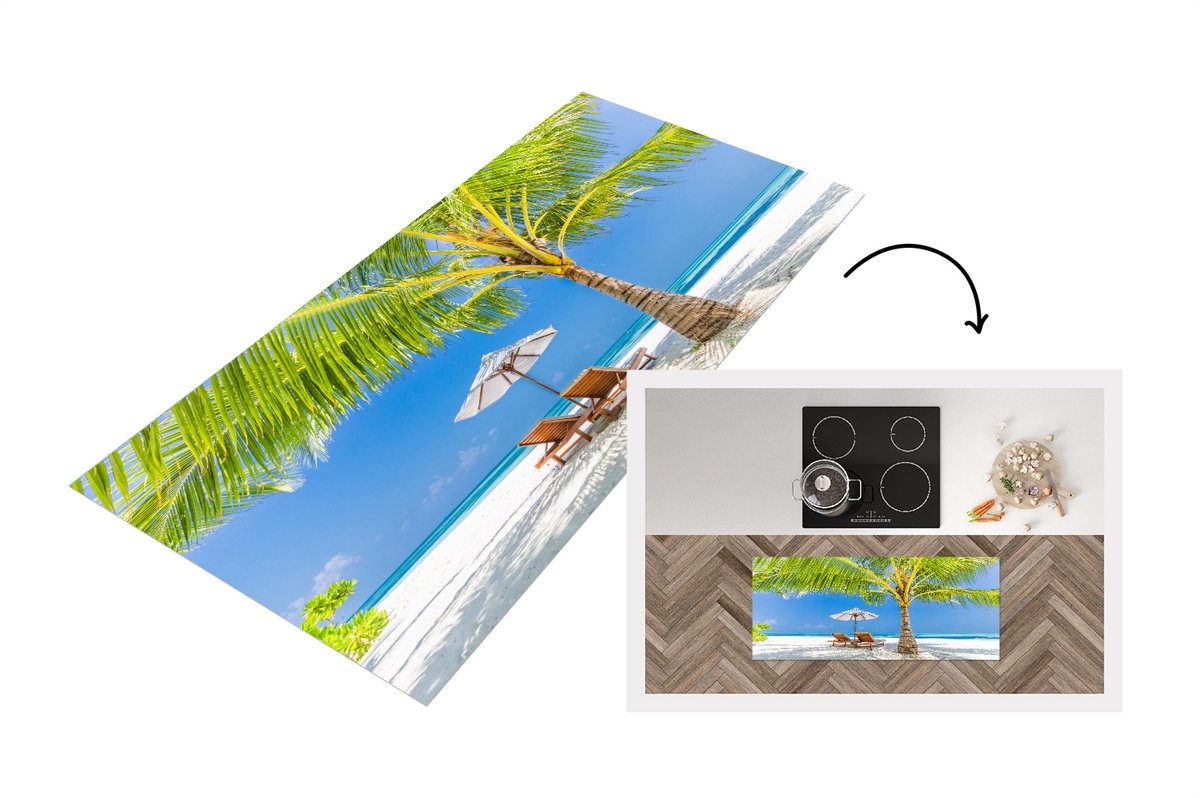 KitchenYeah Keukenloper - Loper keuken - Palmboom - Strandstoel - Parasol - 120x50 cm - Keukenloper vinyl Multicolor