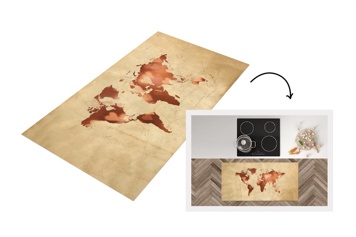 KitchenYeah Keukenloper - Loper keuken - Wereldkaart - Brons - Harten - 120x60 cm - Keukenloper vinyl Multicolor