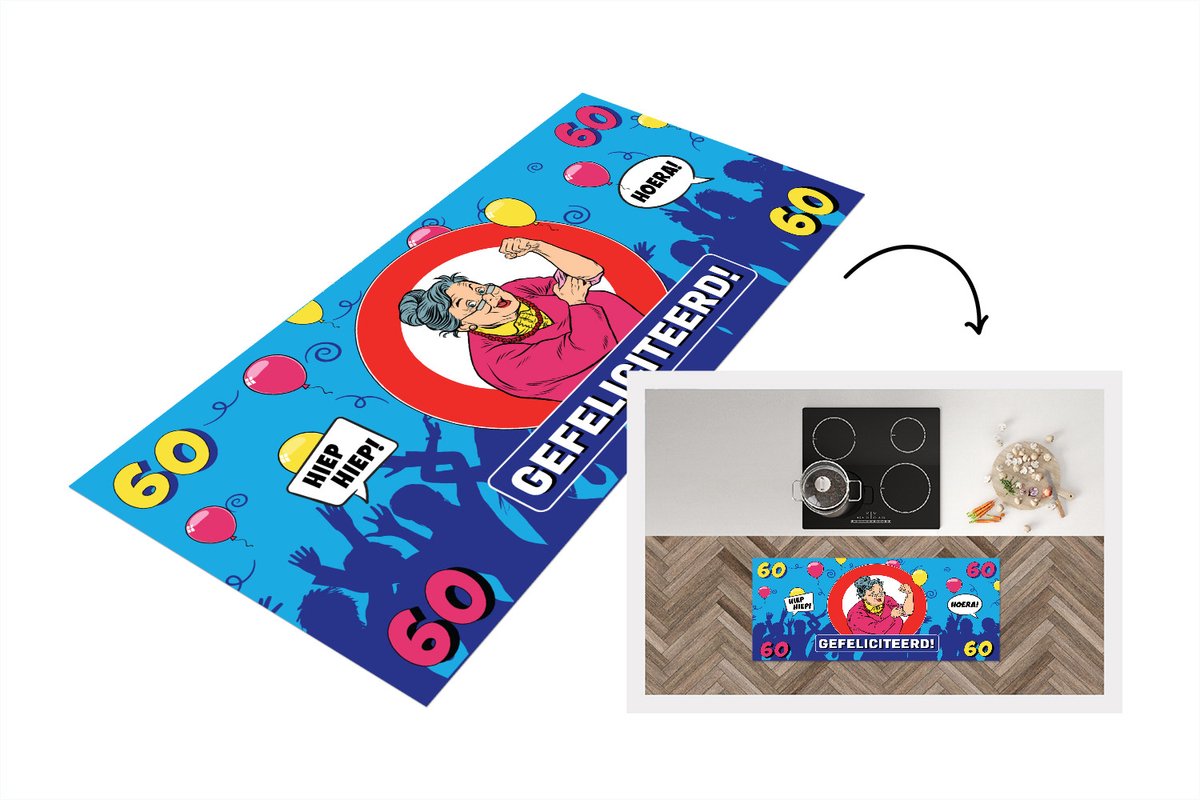KitchenYeah Keukenloper - Loper keuken - Verjaardag - 60 Jaar - Vrouw - 120x50 cm - Keukenloper vinyl Multicolor