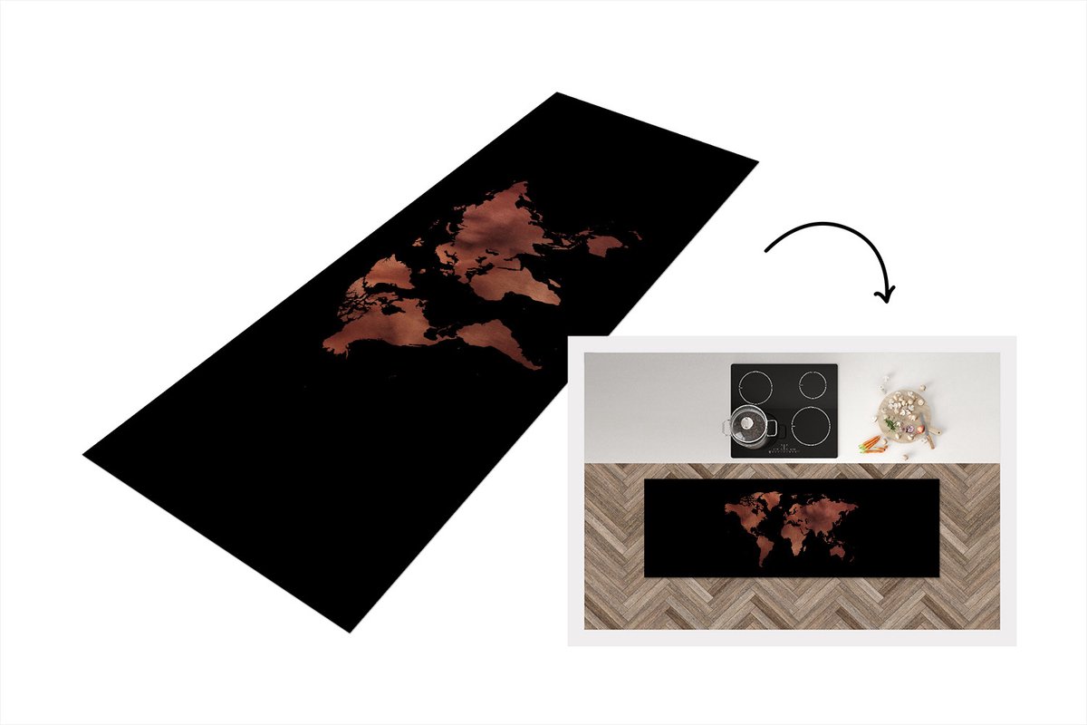 KitchenYeah Keukenloper - Loper keuken - Wereldkaart - Brons - Zwart - 150x50 cm - Keukenloper vinyl Multicolor
