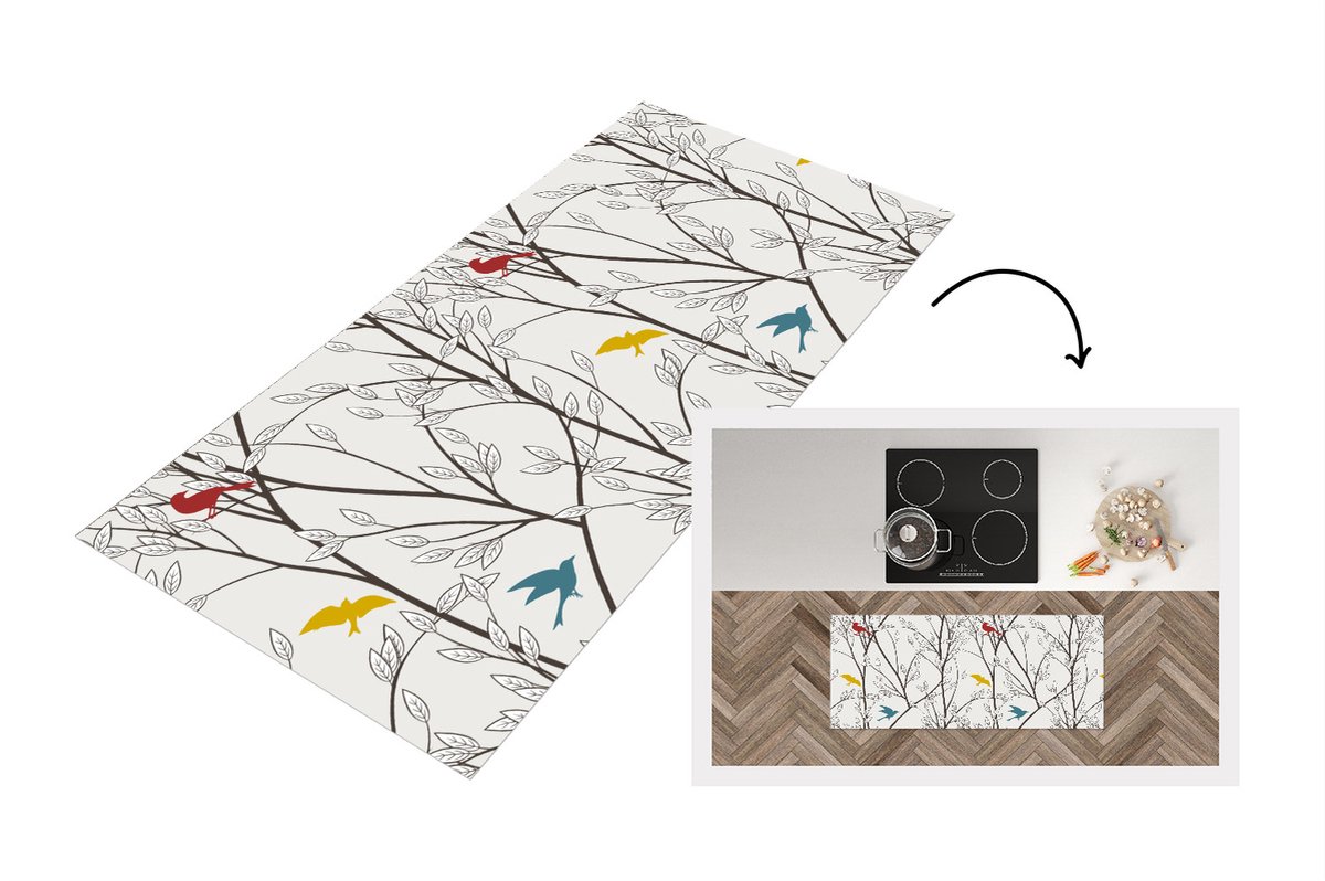 KitchenYeah Keukenloper - Loper keuken - Patronen - Planten - Vogel - 120x50 cm - Keukenloper vinyl Multicolor