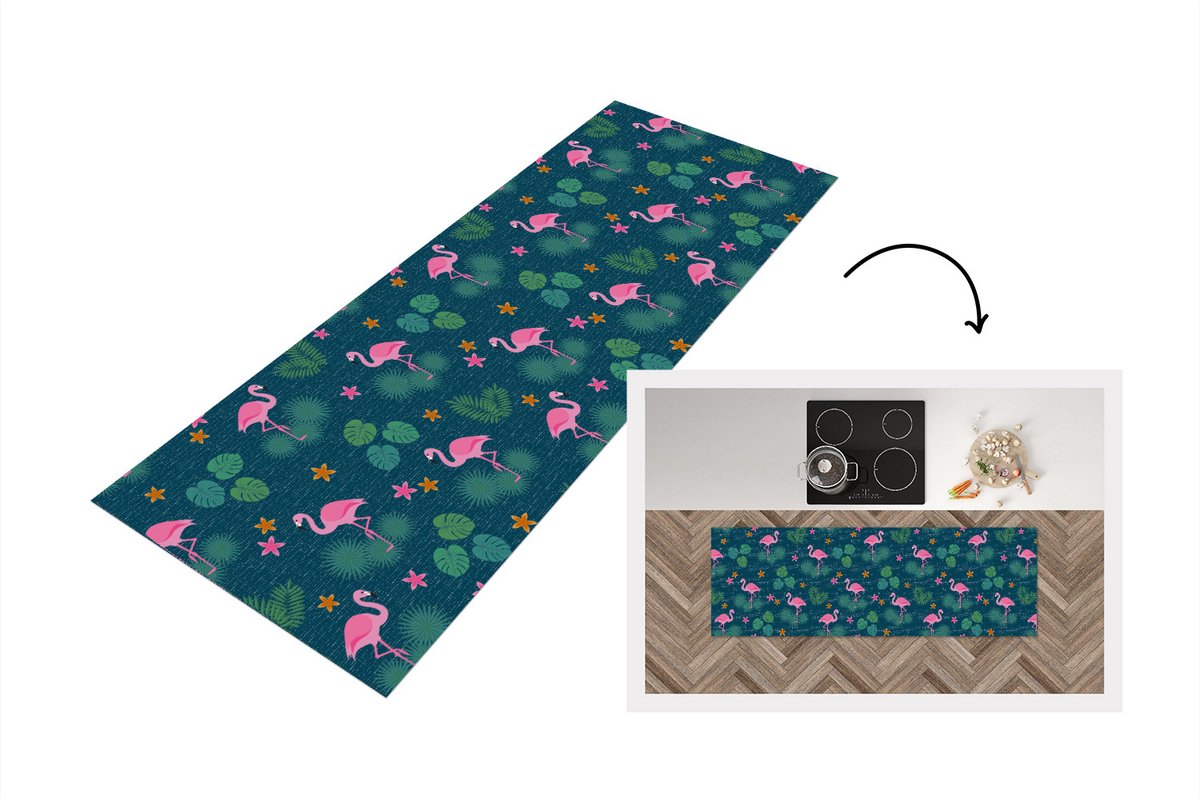 KitchenYeah Keukenloper - Loper keuken - Flamingo - Planten - Patroon - 180x60 cm - Keukenloper vinyl Multicolor