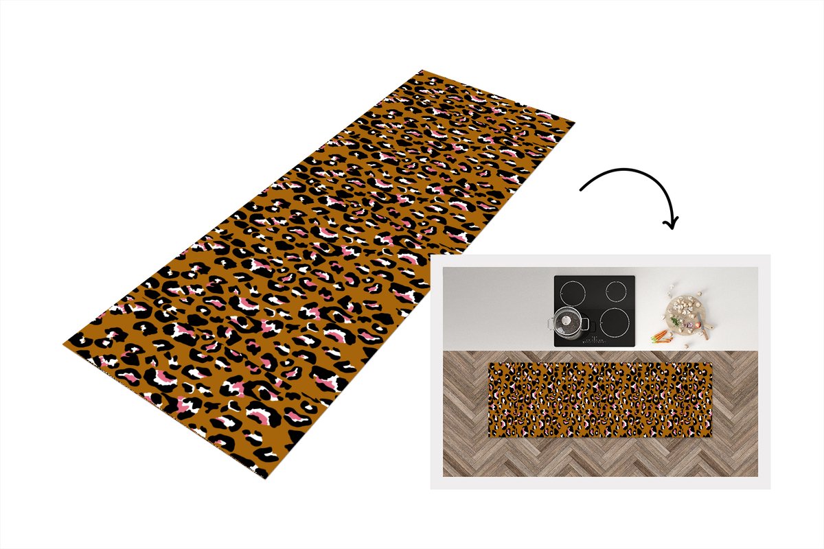 KitchenYeah Keukenloper - Loper keuken - Panter - Design - Roze - Bruin - Patronen - 180x60 cm - Keukenloper vinyl Multicolor