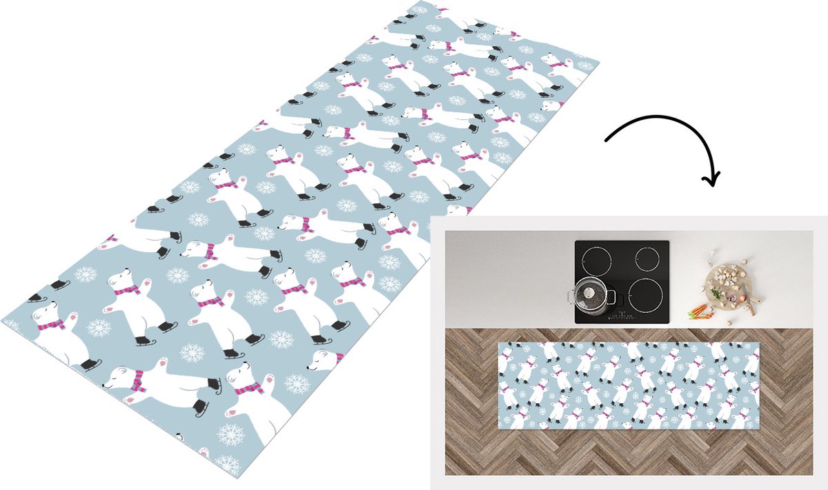 KitchenYeah Keukenloper - Loper keuken - Schaatsen - IJsbeer - Patronen - 150x50 cm - Keukenloper vinyl Multicolor