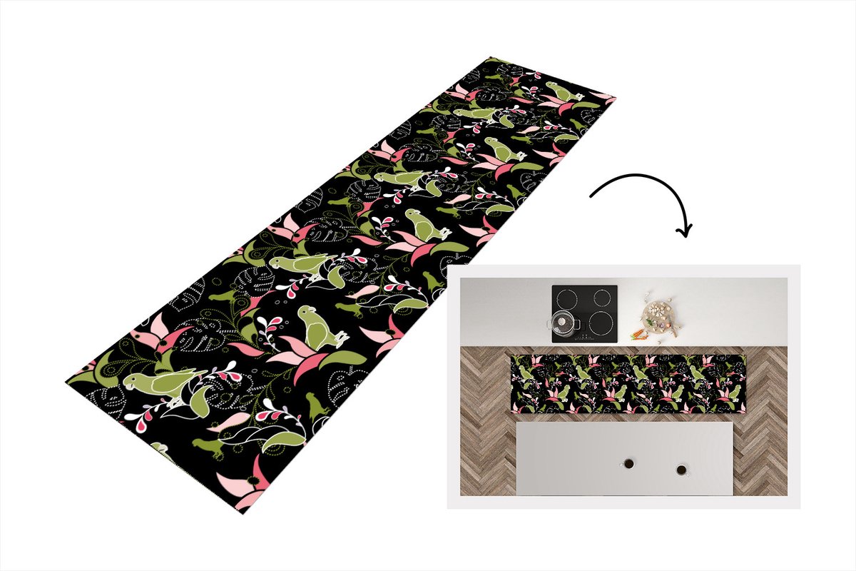 KitchenYeah Keukenloper - Loper keuken - Jungle - Vogel - Patronen - 240x60 cm - Keukenloper vinyl Multicolor