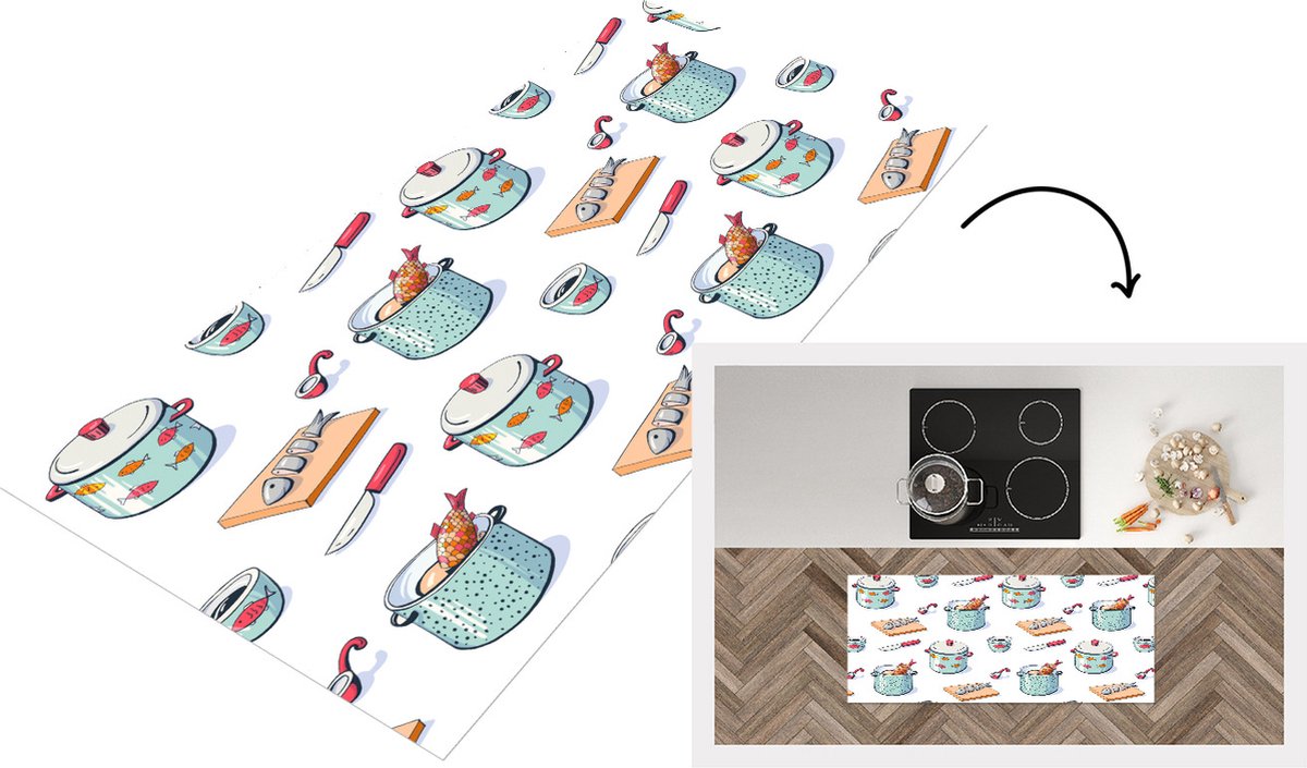 KitchenYeah Keukenloper - Loper keuken - Patronen - Koken - Eten - Vis - Pan - 120x50 cm - Keukenloper vinyl Multicolor