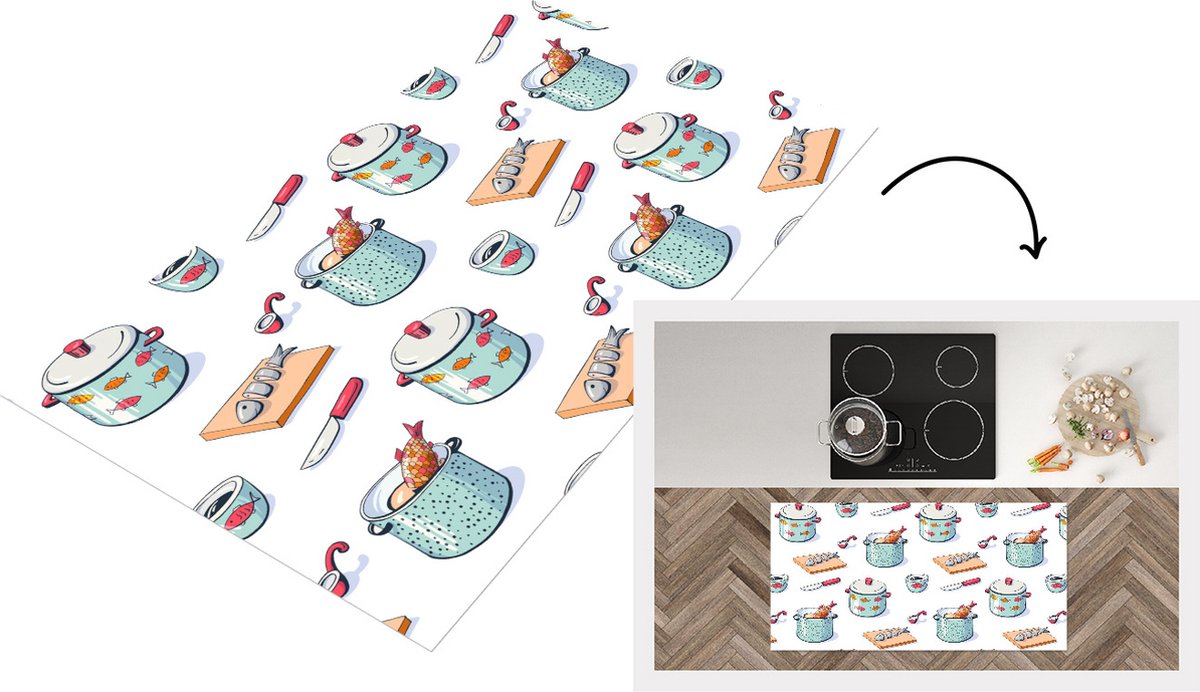KitchenYeah Keukenloper - Loper keuken - Patronen - Koken - Eten - Vis - Pan - 120x60 cm - Keukenloper vinyl Multicolor