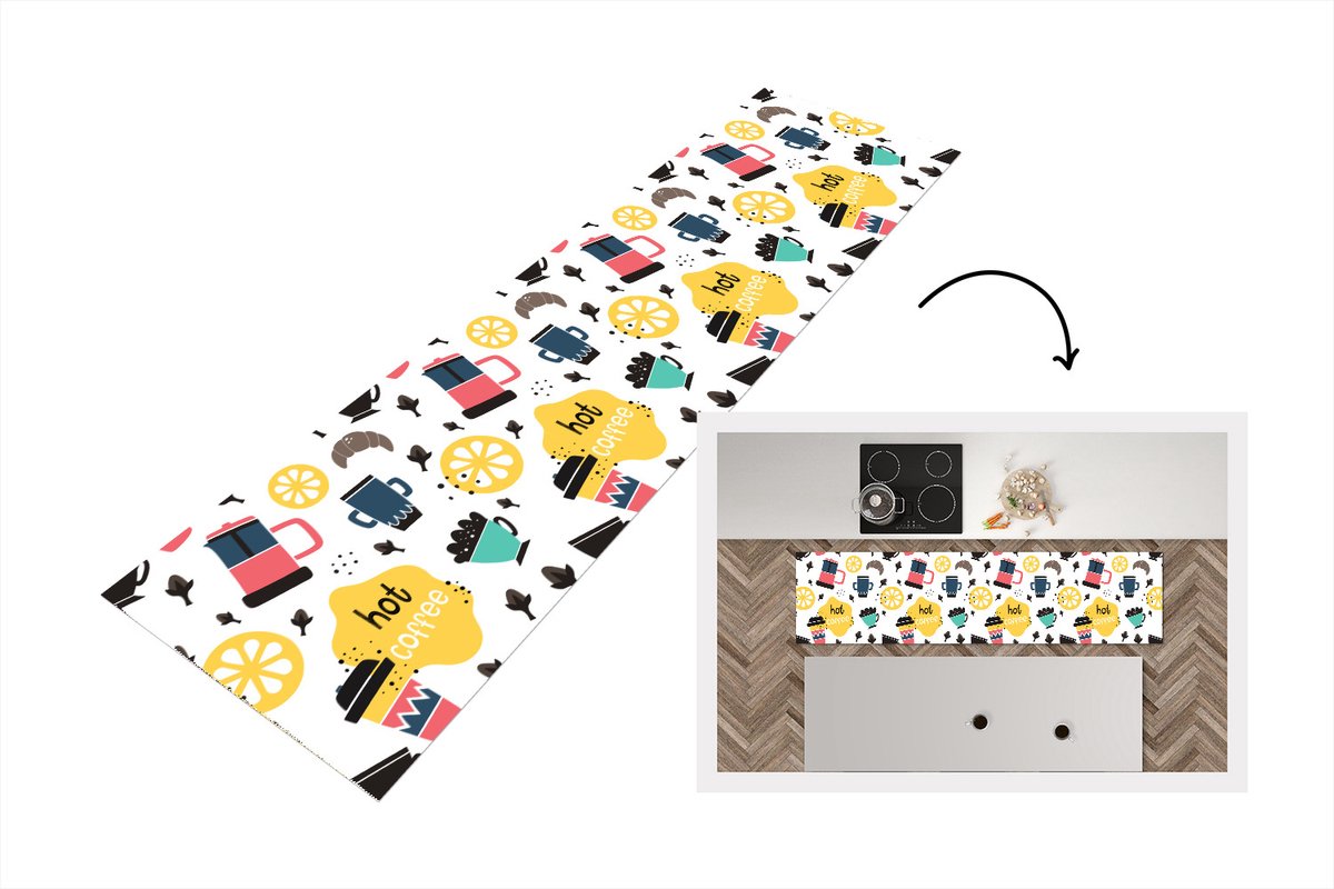 KitchenYeah Keukenloper - Loper keuken - Patronen - Koffie - Ontbijt - Croissant - 200x50 cm - Keukenloper vinyl Multicolor