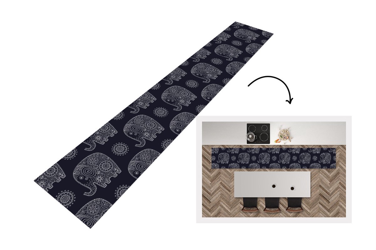 KitchenYeah Keukenloper - Loper keuken - Patroon - Olifant - Bloemen - 300x50 cm - Keukenloper vinyl Multicolor