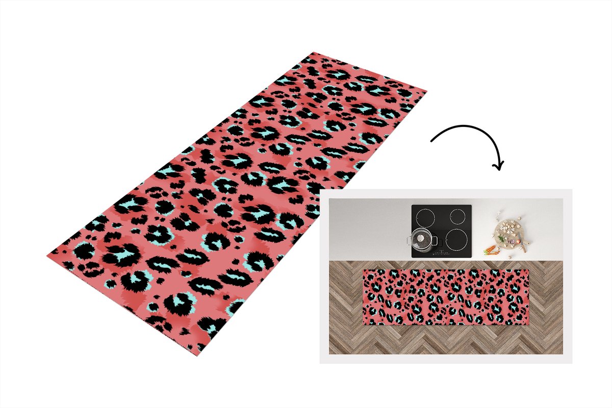 KitchenYeah Keukenloper - Loper keuken - Panterprint - Roze - Blauw - Patroon - 180x60 cm - Keukenloper vinyl Multicolor