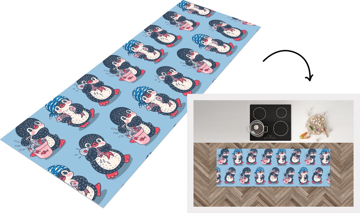 KitchenYeah Keukenloper - Loper keuken - Pinguïn - Design - Vis - 150x50 cm - Keukenloper vinyl Multicolor