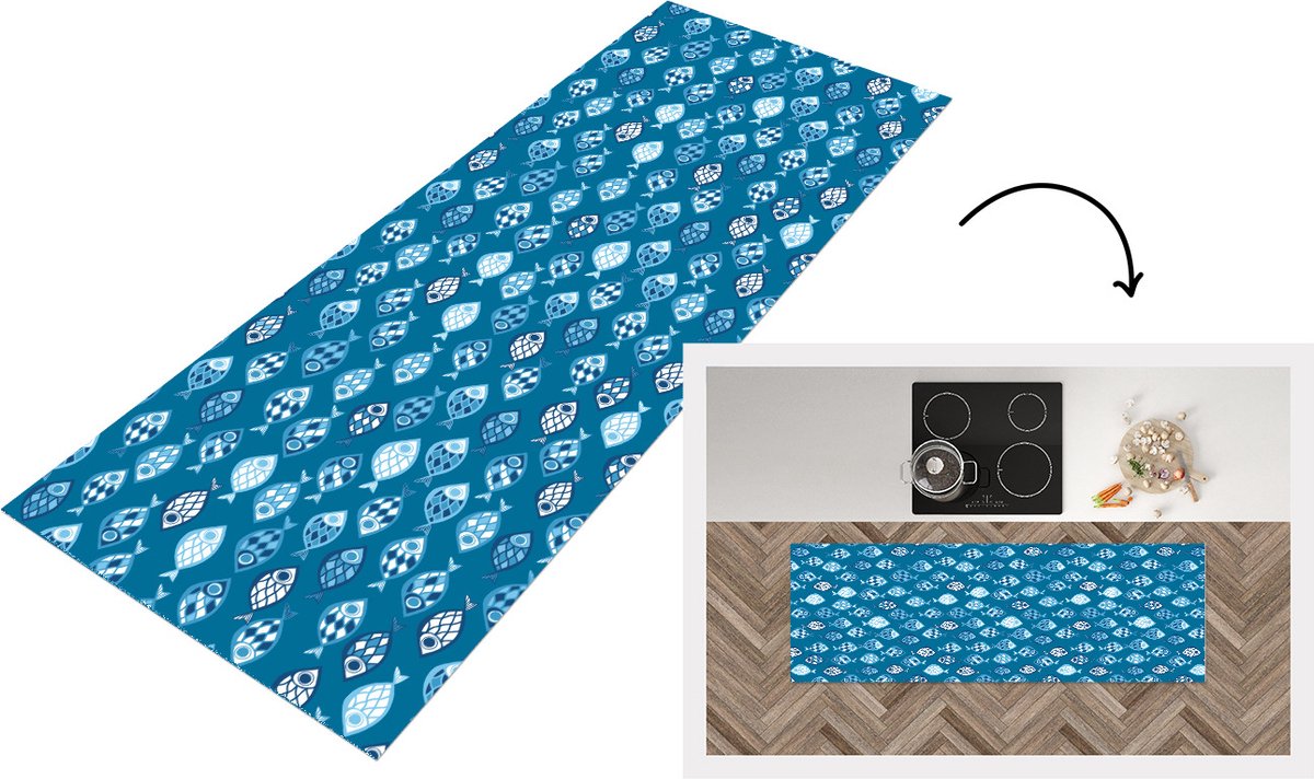 KitchenYeah Keukenloper - Loper keuken - Vissen - Blauw - Patronen - 180x60 cm - Keukenloper vinyl Multicolor