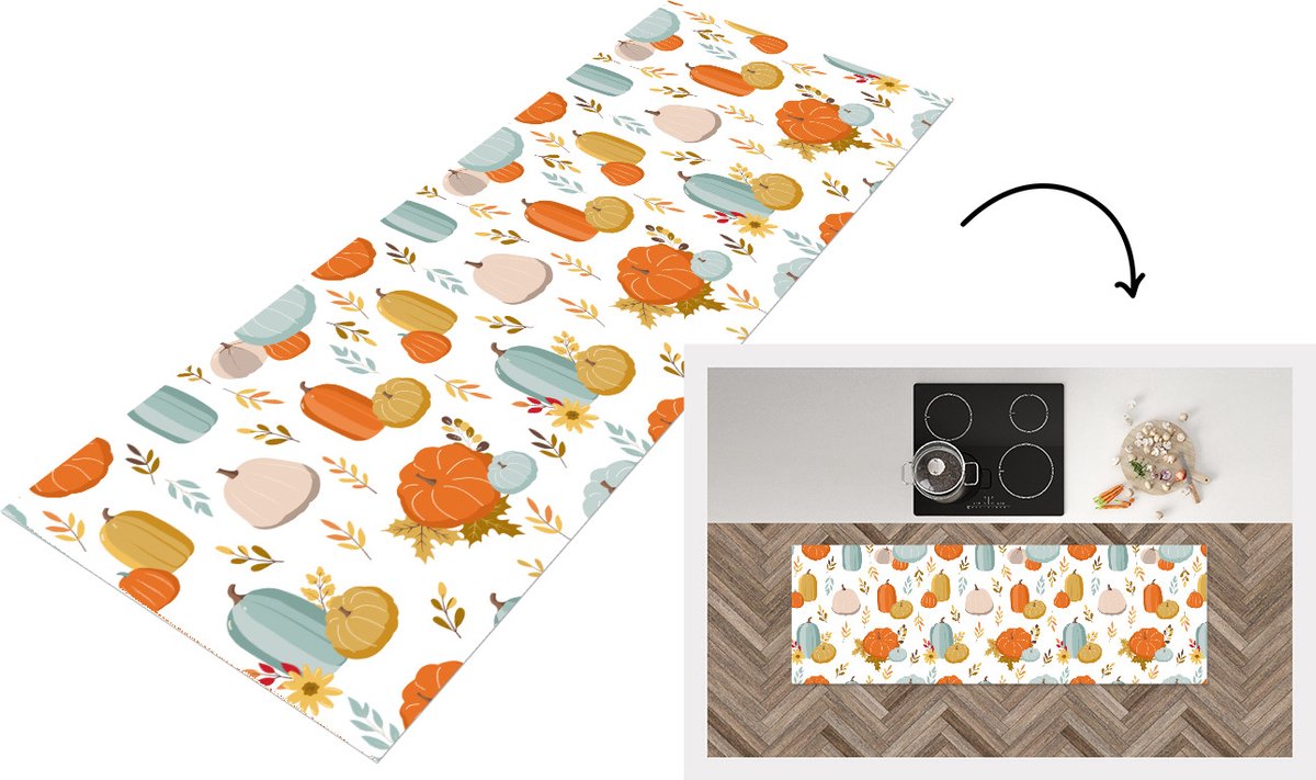 KitchenYeah Keukenloper - Loper keuken - Pompoen - Herfst - Patroon - 180x60 cm - Keukenloper vinyl Multicolor