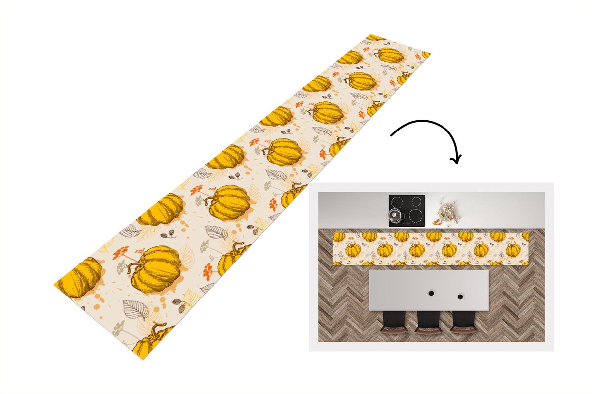 KitchenYeah Keukenloper - Loper keuken - Pompoen - Herfst - Patronen - 300x50 cm - Keukenloper vinyl Multicolor