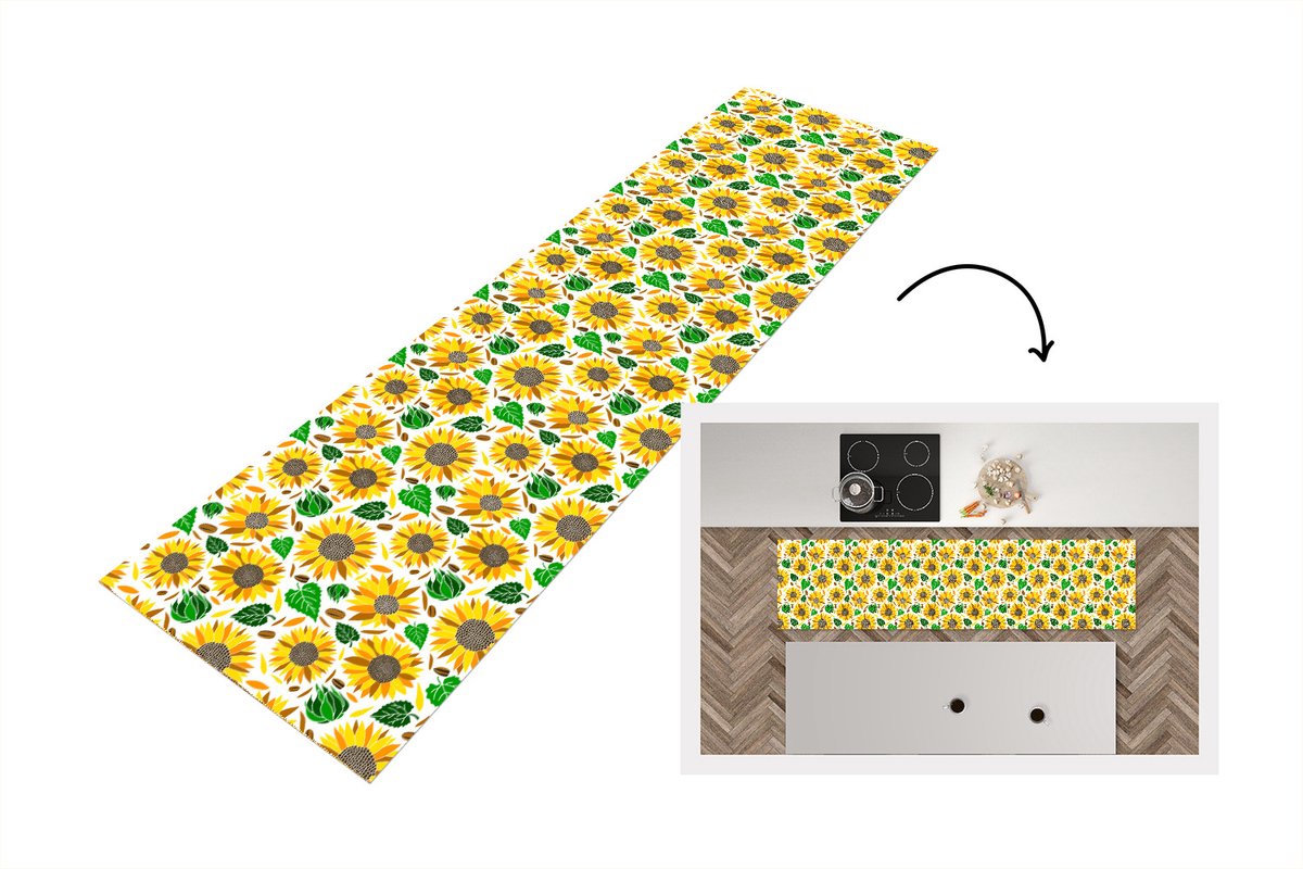 KitchenYeah Keukenloper - Loper keuken - Zonnebloem - Bladeren - Patronen - 200x50 cm - Keukenloper vinyl Multicolor